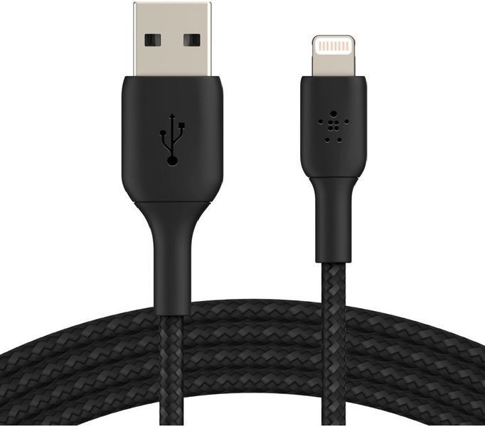 Кабель USB-A > Lightning заряджання/синхронізації Belkin 2м, 12Вт, плетений, чорний (CAA002BT2MBK) 363082 фото