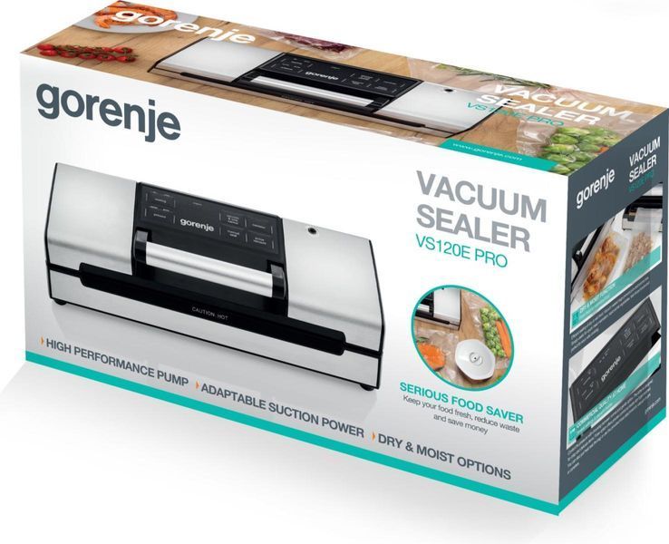 Вакууматор Gorenje для пакетів, 120Вт, 30см, електронне керування, +10 пакетів, нерж, чорний (VS120EPRO) 372355 фото