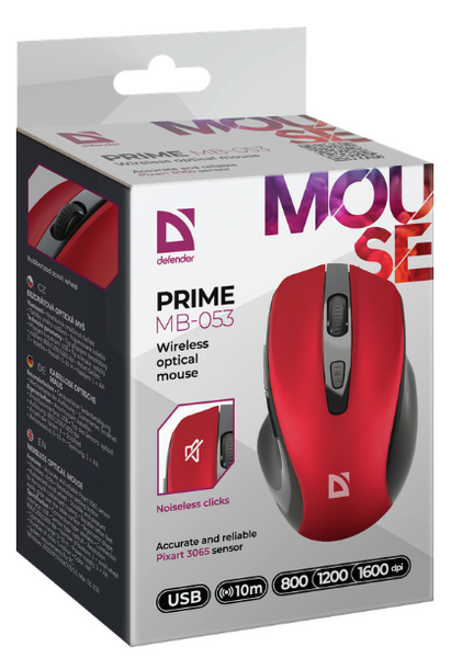 Миша DEFENDER (52052) Prime MB-053, 6D, 800-1600dpi, RED, wireless, silent 307020 фото