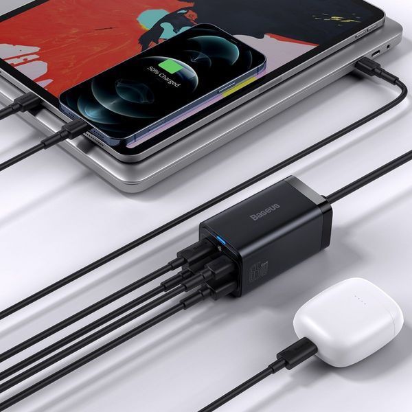 Зарядний Пристрій Baseus GaN3 Pro 65W (2 Type-C + 2 USB) + Cable Type-C to Type-C 100W (1m) (CCGP040101) Black 252340 фото