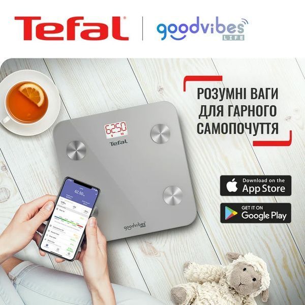 Ваги Tefal підлогові Goodvibes Life, 160кг, Bluetooth, AAAx3 в комплекті, скло, сірий (BM9600S1) 366681 фото