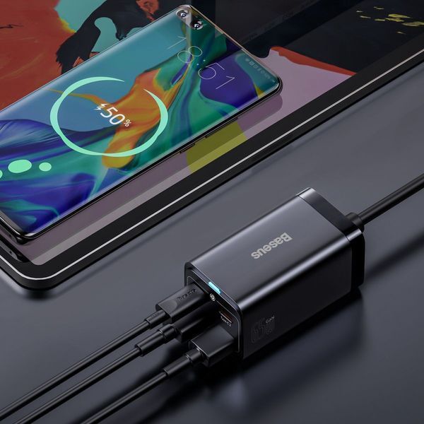 Зарядний Пристрій Baseus GaN3 Pro 65W (2 Type-C + 2 USB) + Cable Type-C to Type-C 100W (1m) (CCGP040101) Black 252340 фото