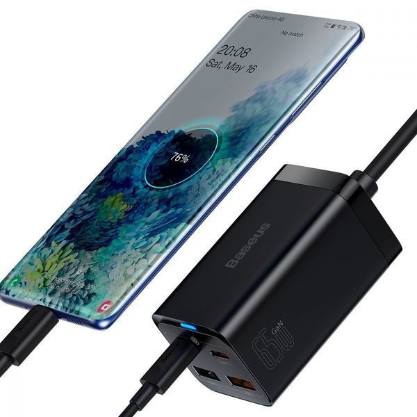 Зарядний Пристрій Baseus GaN3 Pro 65W (2 Type-C + 2 USB) + Cable Type-C to Type-C 100W (1m) (CCGP040101) Black 252340 фото
