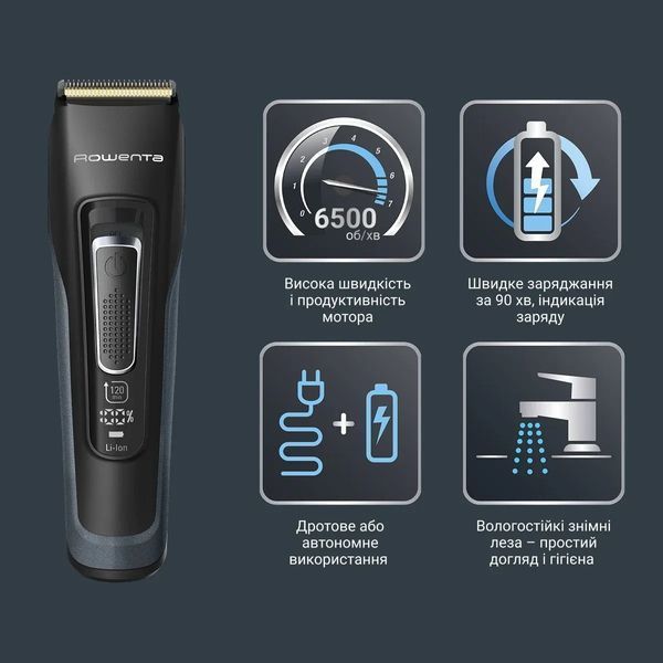 Машинка для стрижки Rowenta Advancer, для бороди, вусів, голови, мережа+акум., роторний мотор, насадок-2, кейс, титан.напил., темно-зелений (TN5224E0) 371484 фото