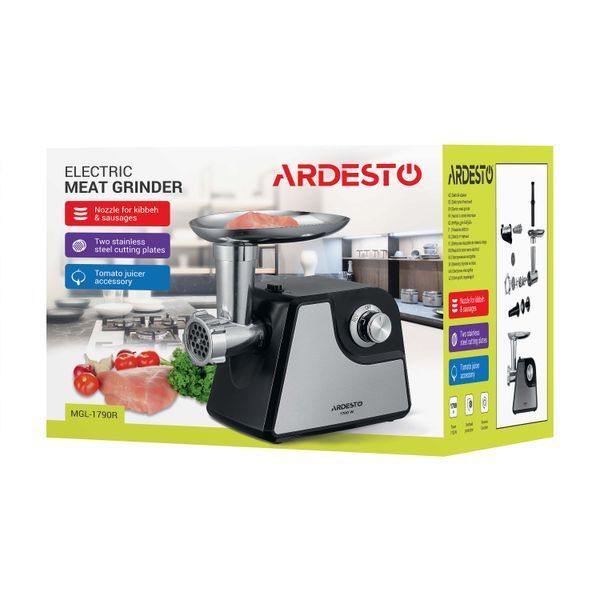М'ясорубка Ardesto, 1700Вт, 1.6кг/хв, 2 решітки, насадка для ковбас, кеббе, томатів, пластик/метал, чорно-срібний (MGL-1790R) 369170 фото