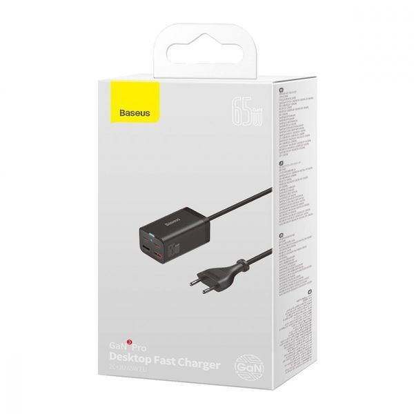Зарядний Пристрій Baseus GaN3 Pro 65W (2 Type-C + 2 USB) + Cable Type-C to Type-C 100W (1m) (CCGP040101) Black 252340 фото