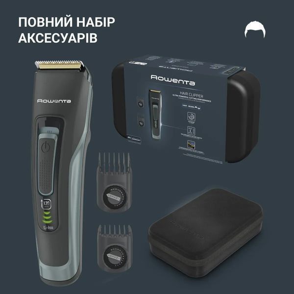 Машинка для стрижки Rowenta Advancer, для бороди, вусів, голови, мережа+акум., роторний мотор, насадок-2, кейс, титан.напил., темно-зелений (TN5224E0) 371484 фото