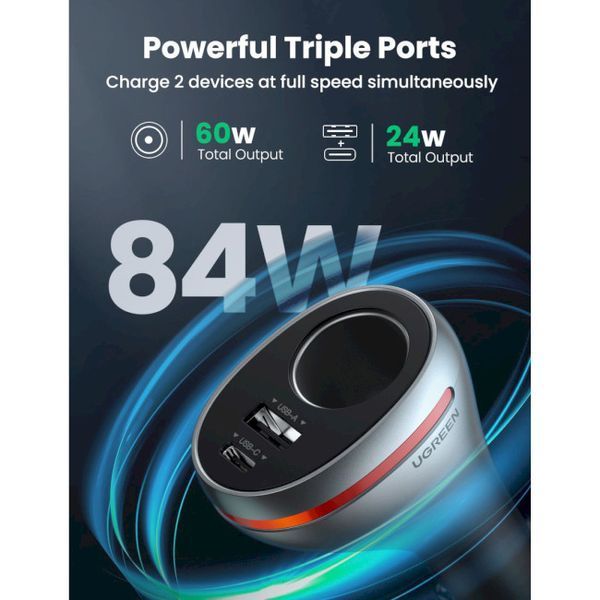Автомобільний Зарядний пристрій UGREEN CD204 Car Charger 2xUSB Ports Single Extension Socket QC+PD 20W (60712) Silver 280619 фото