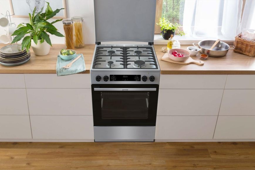 Плита Gorenje комбінована, 71л, 60x60см, дисплей, чавун,з кришкою, програматор IconLed,нерж (GKS6C71XF) 375158 фото