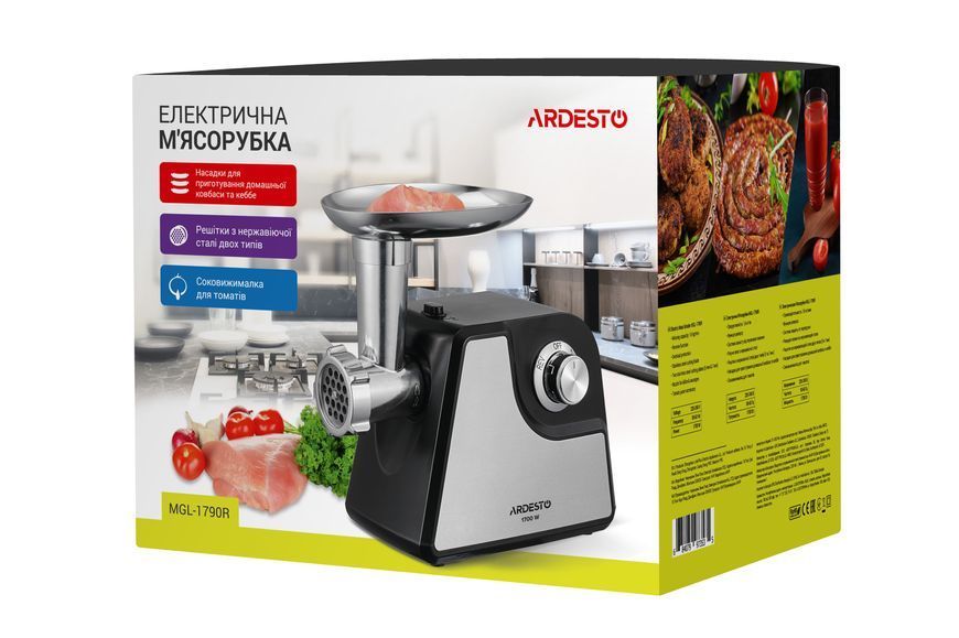 М'ясорубка Ardesto, 1700Вт, 1.6кг/хв, 2 решітки, насадка для ковбас, кеббе, томатів, пластик/метал, чорно-срібний (MGL-1790R) 369170 фото
