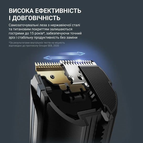 Машинка для стрижки Rowenta Advancer, для бороди, вусів, голови, мережа+акум., роторний мотор, насадок-3, кейс, титан.напил., темно-синій (TN5244E0) 371485 фото