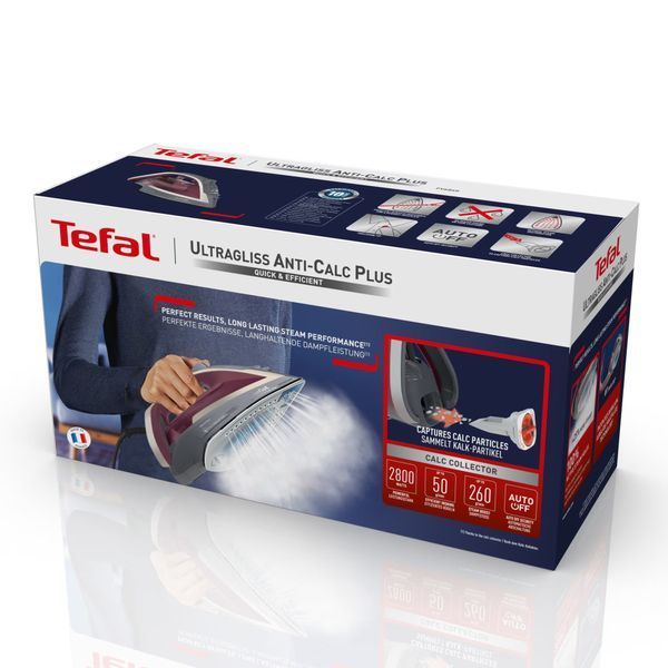 Праска Tefal Ultragliss Plus, 2800Вт, 270мл, паровий удар -260гр, постійна пара - 50гр, керам. підошва, бордово-сірий (FV6840E0) 374728 фото