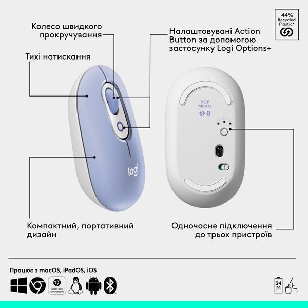 Миша LOGITECH POP with emoji - LILAC (L910-007414) 341592 фото