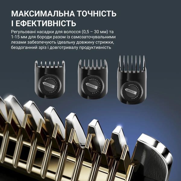 Машинка для стрижки Rowenta Advancer, для бороди, вусів, голови, мережа+акум., роторний мотор, насадок-3, кейс, титан.напил., темно-синій (TN5244E0) 371485 фото