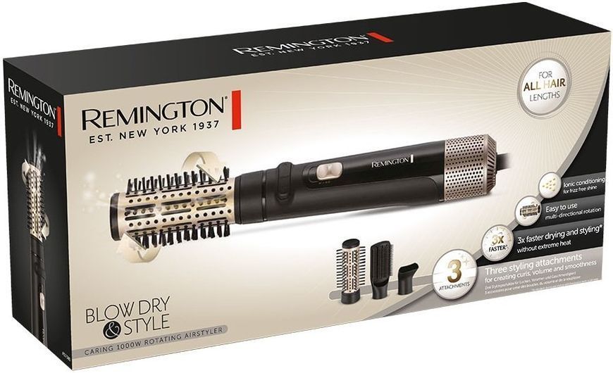 Фен-щітка Remington Blow Dry & Style Caring, 1000Вт, 2 режими, іонізація, хол. обдув, кераміка, чорний (AS7580) 366400 фото