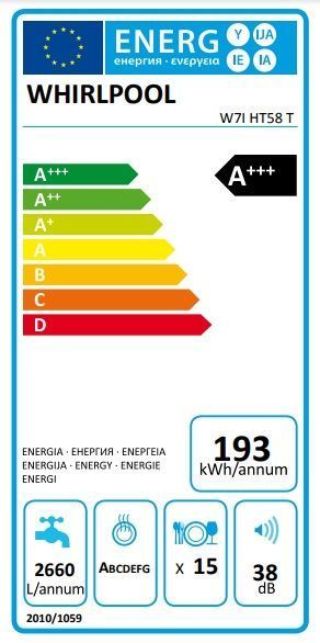 Посудомийна машина Whirlpool вбудована, 15компл., A+++, 60см, дисплей, 3й кошик, білий (W7IHT58T) 375161 фото