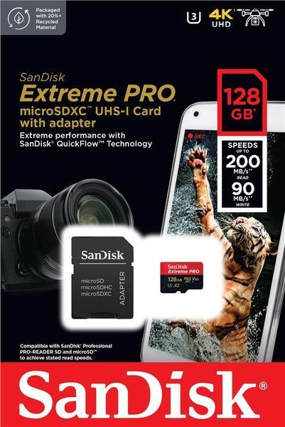 Карта пам'яті SanDisk microSD 128GB C10 UHS-I U3 R200/W90MB/s Extreme Pro V30 + SD (SDSQXCD-128G-GN6MA) 374702 фото