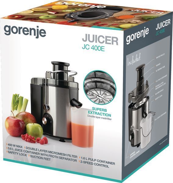 Соковитискач Gorenje відцентрований 400Вт, чаша-0.6л, жмих-1.6л, жолоб на ціле яблуко, пластик/метал, чорний 387794 фото