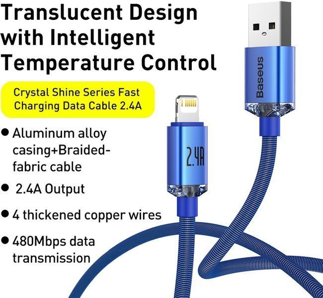 Кабель Baseus Crystal Shine USB-Lightning, 2.4A 1.2м (6932172602697) Blue 321808 фото