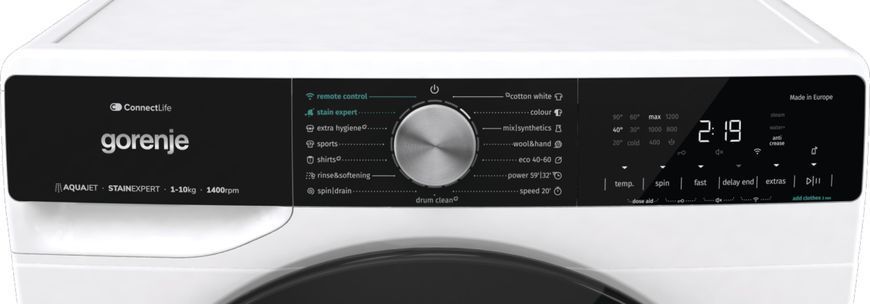 Пральна машина Gorenje фронтальна, 10кг, 1400, A+++, 60см, дисплей, інвертор, пара, Wi-Fi, підсвітка барабану, білий (WNS14A4TWIFI) 375482 фото