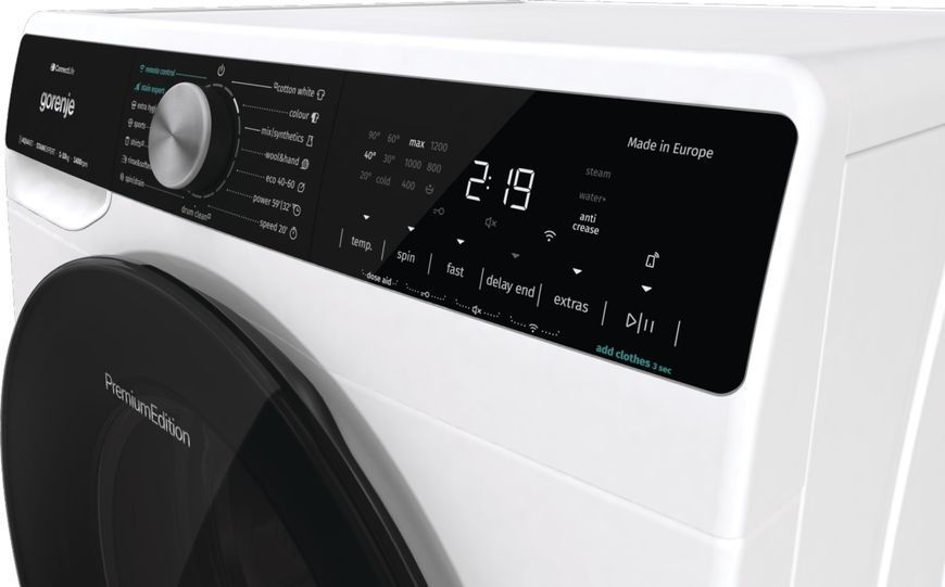 Пральна машина Gorenje фронтальна, 10кг, 1400, A+++, 60см, дисплей, інвертор, пара, Wi-Fi, підсвітка барабану, білий (WNS14A4TWIFI) 375482 фото