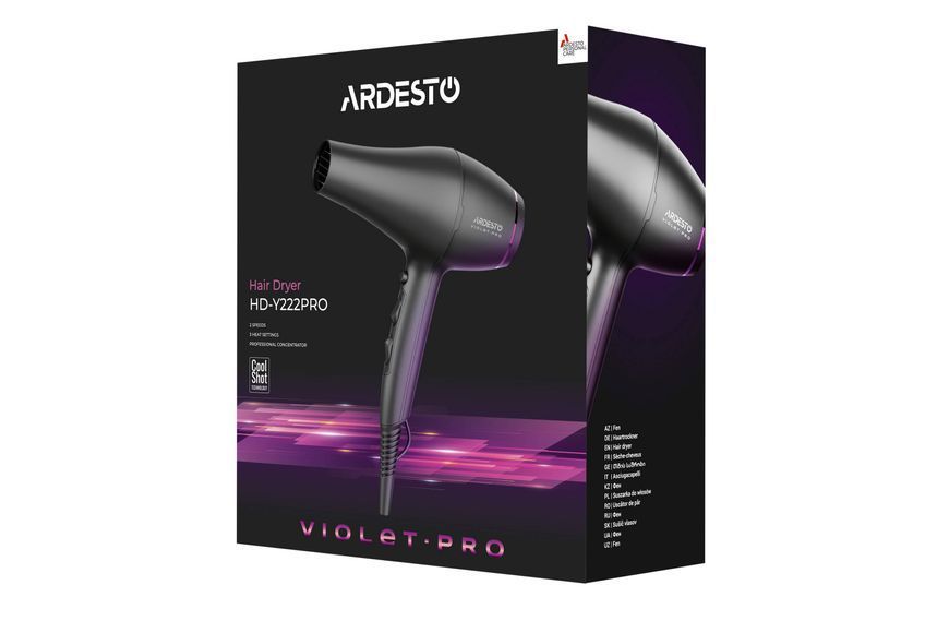 Фен Ardesto Violet PRO HD-Y222PRO, 1850-2200Вт, 2 швидкості, 3темп.режима, дифузор, чорний 370482 фото