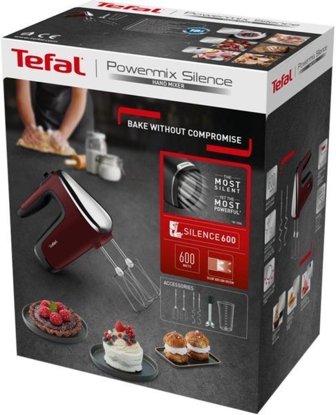 Міксер Tefal ручний Powermix Silence 600Вт, насадки-4, турборежим, бордовий (HT652538) 368481 фото