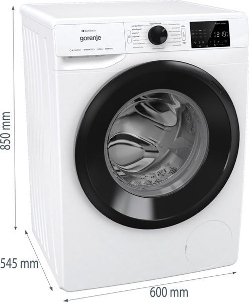 Пральна машина Gorenje фронтальна, 8кг, 1400, A+++, 55см, дисплей, інвертор, пара, Wi-Fi, білий (WPNEI84A1SWIFI) 375164 фото