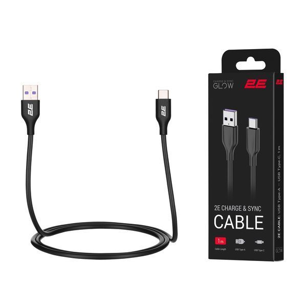 Кабель USB-A > USB-C заряджання/синхронізації 2E 1м, Type-C, Glow, чорний (2E-CCAC-BL) 363577 фото