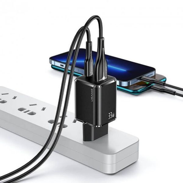 Зарядний Пристрій Usams T43 GaN Mini USB-A/USB-C PD&QC3.0 33W 3A Black 259444 фото
