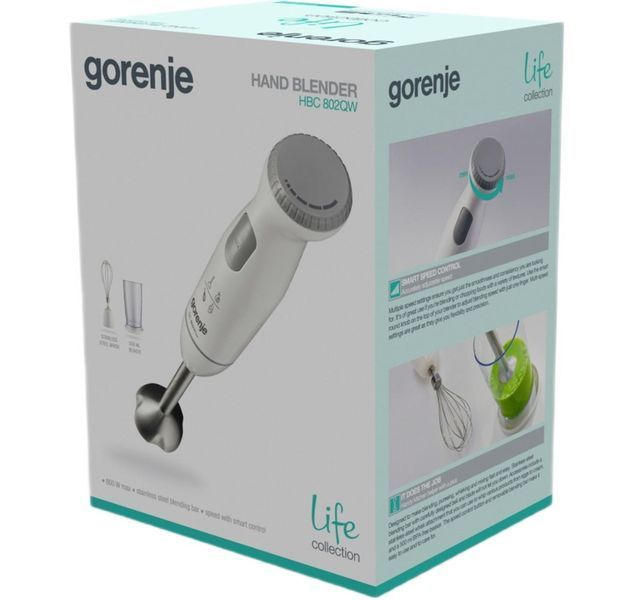 Блендер Gorenje заглибний 800Вт, 3в1, чаша-500мл, подрібнювач, білий (HBC802QW) 382118 фото