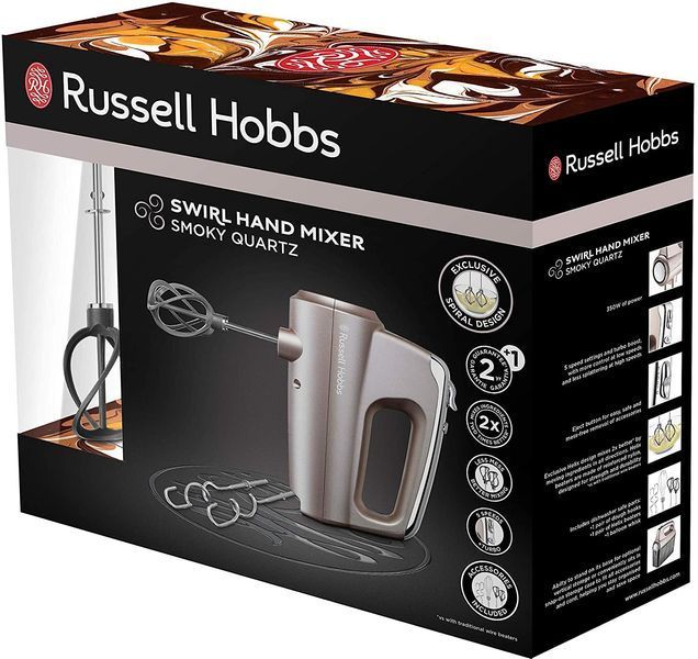 Міксер Russell Hobbs ручний Smoky Quartz, 350Вт, насадки-4, турборежим, сріблястий (25892-56) 363744 фото