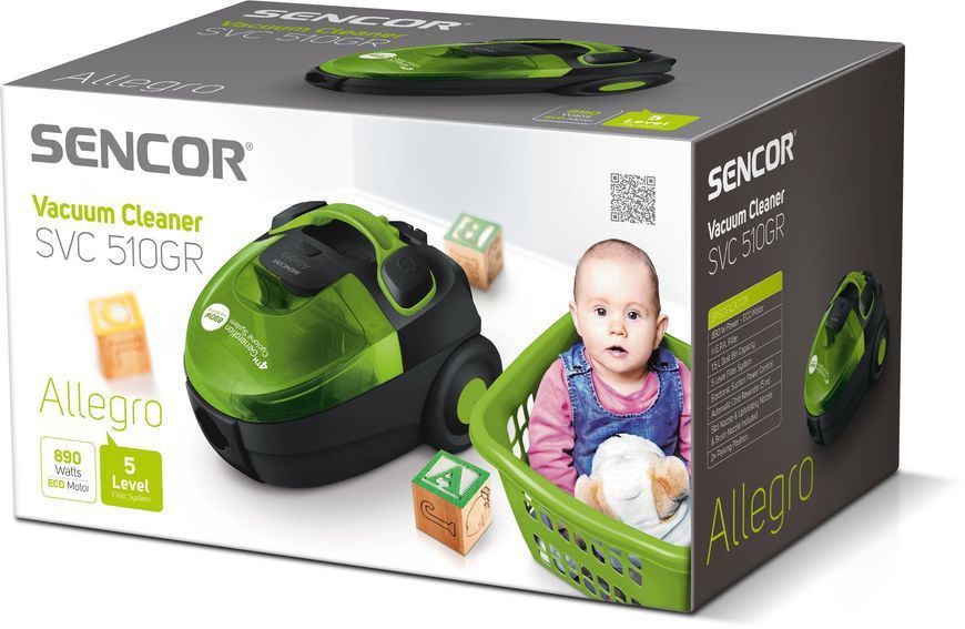 Пилосос Sencor контейнерний Allegro, 890Вт, конт пил -1.5л, НЕРА, чорно-зелений (SVC510GR-EUE2) 374630 фото