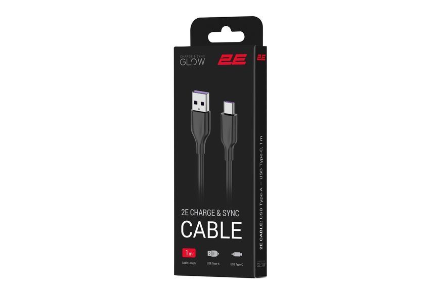 Кабель USB-A > USB-C заряджання/синхронізації 2E 1м, Type-C, Glow, чорний (2E-CCAC-BL) 363577 фото