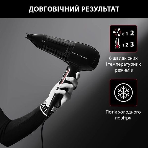 Фен Rowenta x Karl Lagerfeld Powerline, 2100Вт, 3 режими, дифузор, іоніз-я, хол. обдув, чорний (CV591LF0) 369305 фото