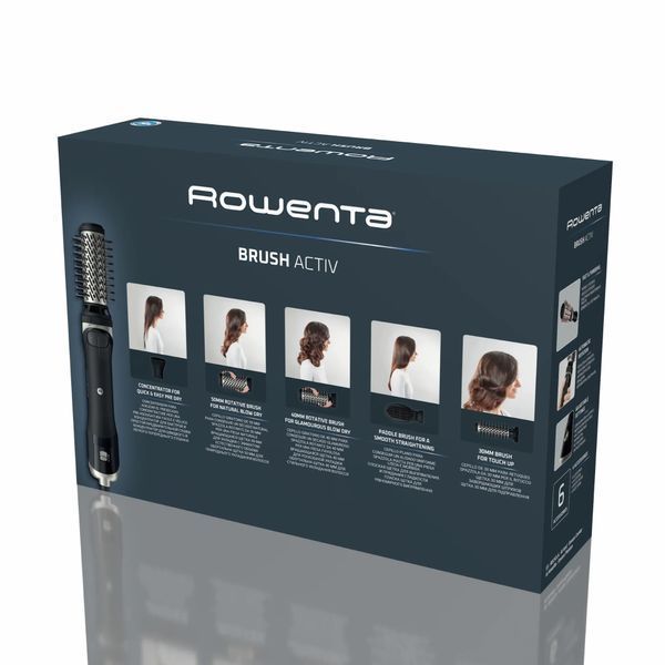 Фен-щітка Rowenta Renewal Brush Active, 1000Вт, 3 режими, іоніз-я, хол. обдув, оберт. насадка, 5 насадок, кераміка, чорний (UB9540F0) 371496 фото