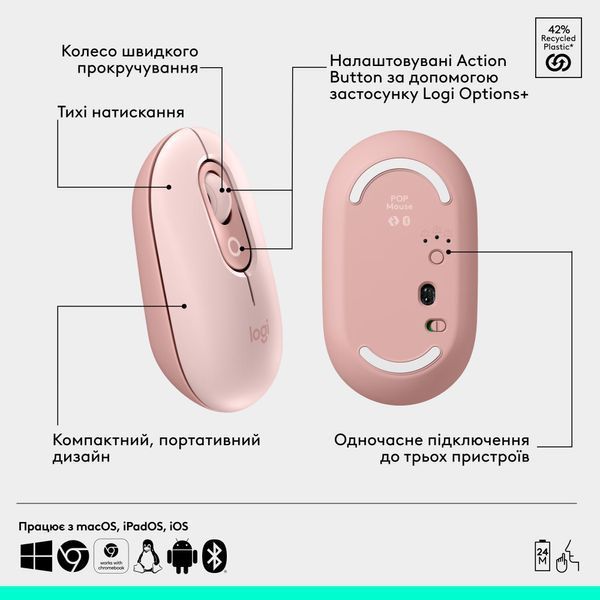 Миша LOGITECH POP with emoji - ROSE (L910-007413) 341769 фото