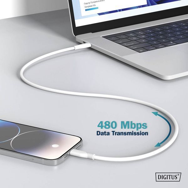 Кабель DIGITUS USB-C > Lightning заряджання/синхронізації, USB 2.0, 60W, силіконовий, 2м, білий (AK-600110-020-W) 372998 фото