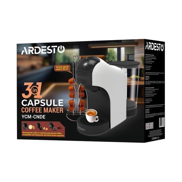 Кавоварка Ardesto капсульна, 0.8л, капсули Nespresso, Nescafe Dolce Gusto, мелена кава, сенсорне керування, білий (YCM-CNDE) 371667 фото