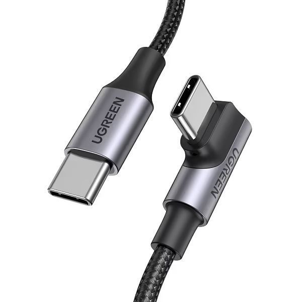 Кабель UGREEN US334 USB-C 2.0 To Angled USB-C M/M Cable Aluminium Shell With Braided 2m Black (70645) 278854 фото