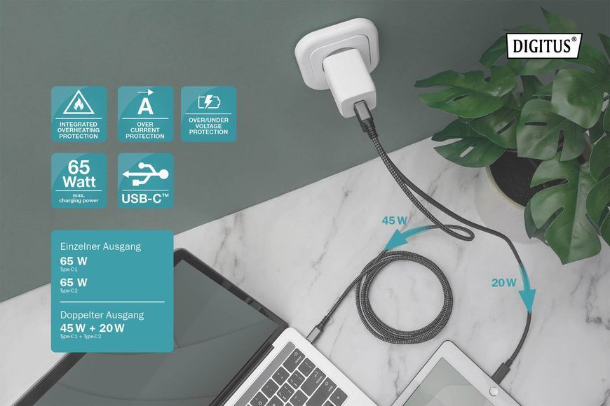 Зарядний пристрій DIGITUS 2хUSB-C, 65W, GaN 368628 фото