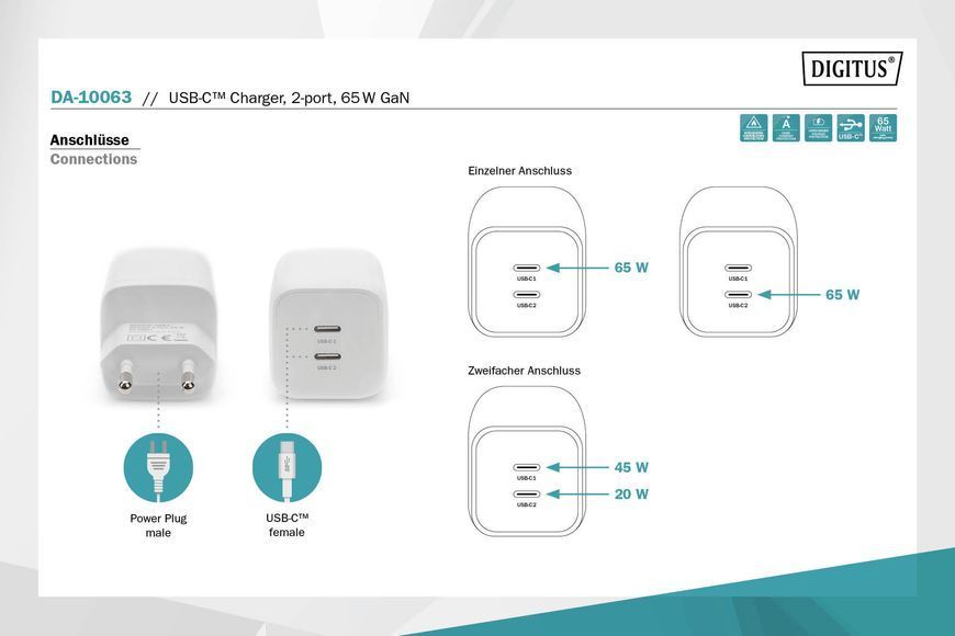 Зарядний пристрій DIGITUS 2хUSB-C, 65W, GaN 368628 фото