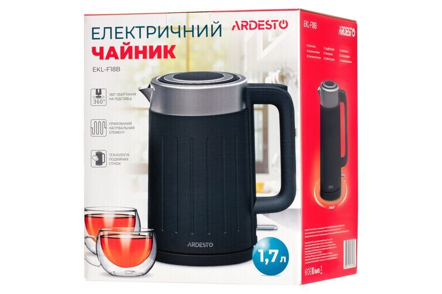 Електрочайник Ardesto 1.7л, Strix, подвійні стінки, чорний матовий (EKL-F18B) 363139 фото