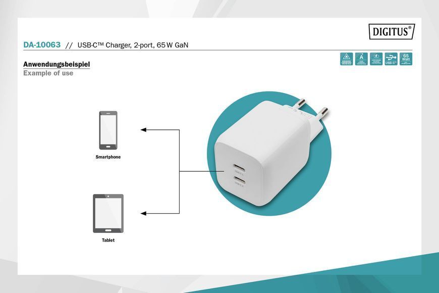 Зарядний пристрій DIGITUS 2хUSB-C, 65W, GaN 368628 фото