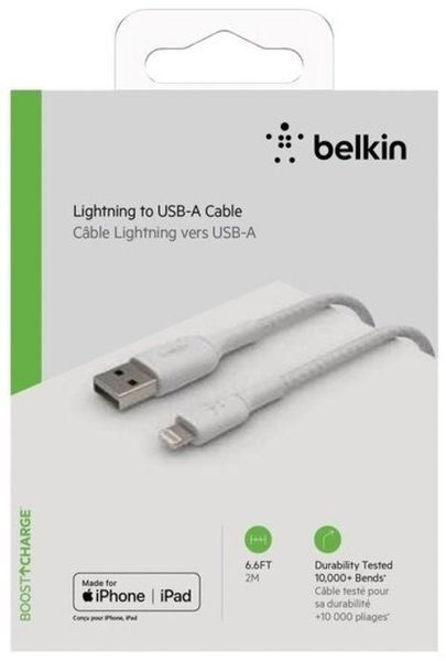 Кабель USB-A > Lightning заряджання/синхронізації Belkin 2м, 12Вт, плетений, білий (CAA002BT2MWH) 373044 фото