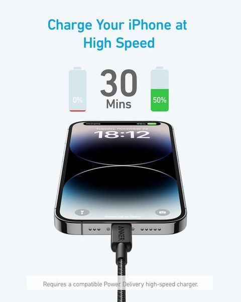 кабель ANKER 322 USB-C to Lightning - 1.8m Nylon (Чорний) 323364 фото