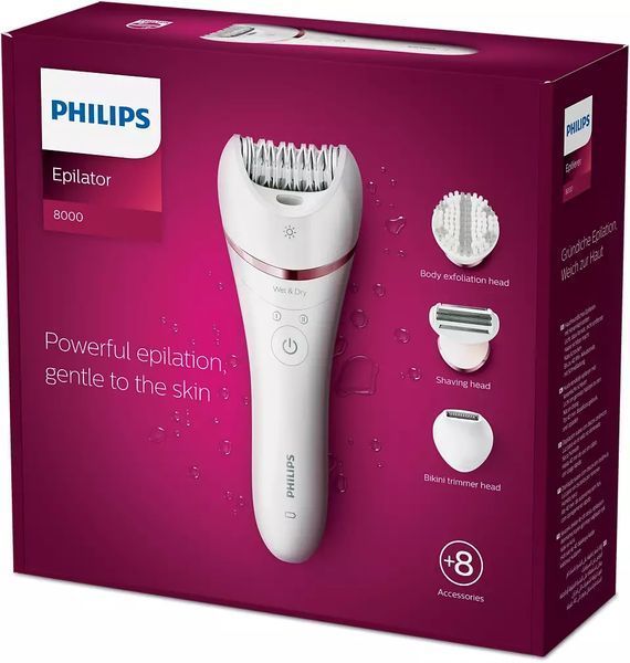 Епілятор Philips 8000 series дисковий, акумул., пінцет.-32, волог.+сух., насадок-7, футляр, білий (BRE735/00) 367755 фото