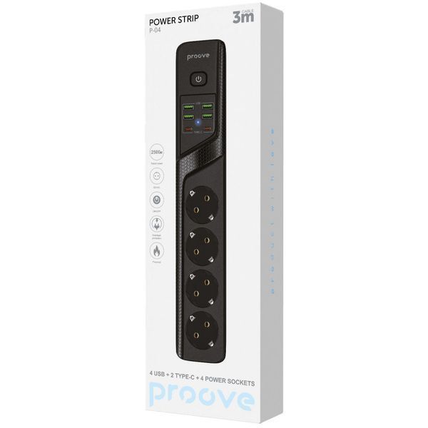 Мережевий фільтр Proove Power Strip P-04 (4 розетки + 4 USB + 2 Type-C) 3M (PSP442430001) black 390434 фото