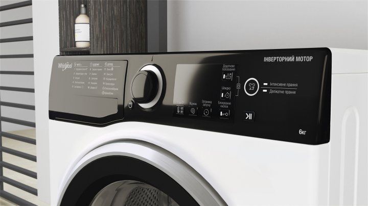 Пральна машина Whirlpool фронтальна, 6кг, 1200, A+++, 43см, дисплей, інвертор, люк чорний, білий (WRBSB6228BUA) 375909 фото