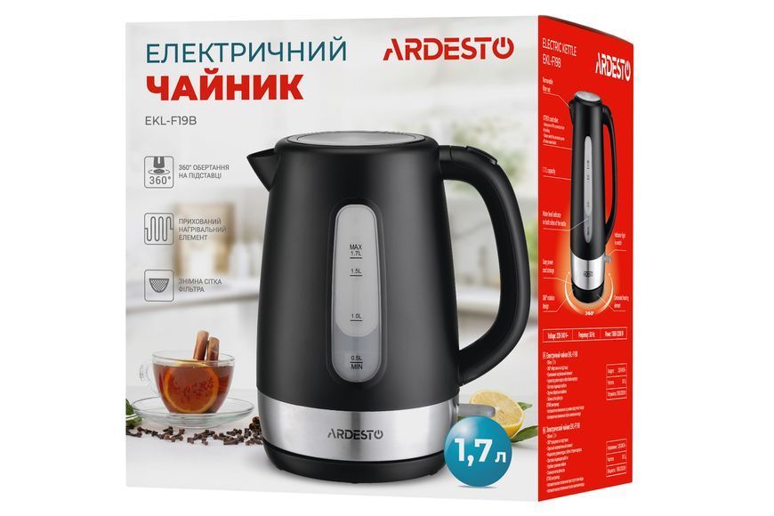Електрочайник Ardesto 1.7л, Strix, пластик, чорний матовий (EKL-F19B) 366822 фото
